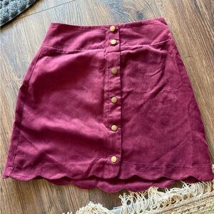 Burgundy Suede Button-Up Skirt with Scalloped Hem